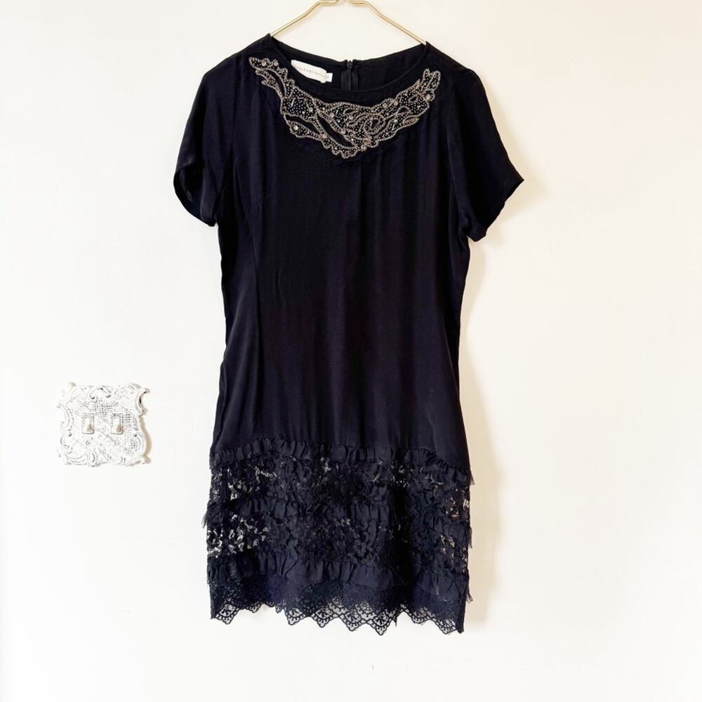 Johnny Was Love and Liberty Black Silk Delicate Lace Rhinestone Appliqué Dress S